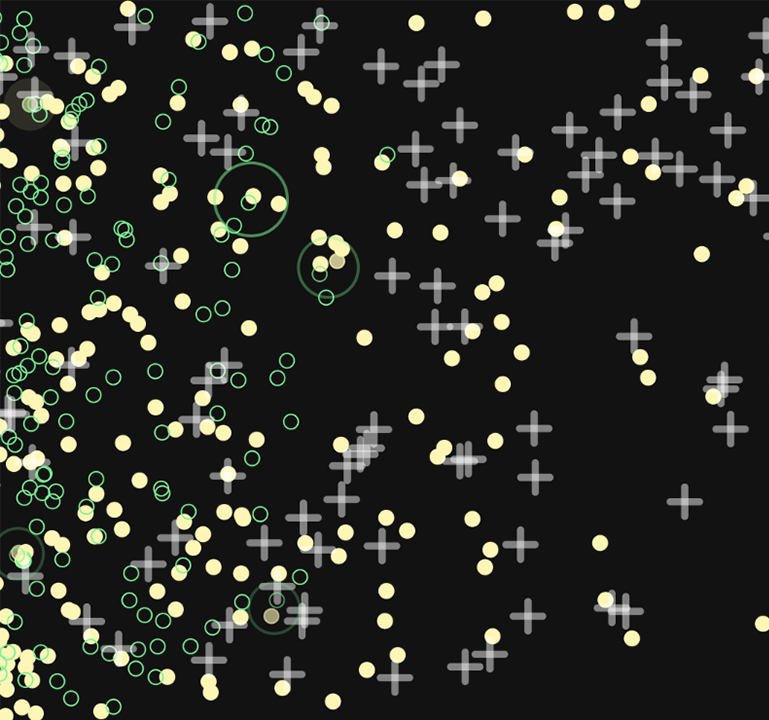 Fixed charges, electrons, and holes spread throughout image